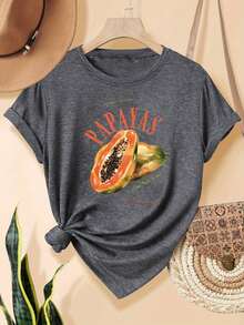 Camiseta Casual de Manga Corta para Mujer - Estampado Geométrico Papaya Azul Vibrante, Tejido Suave y Transpirable, Cuello Redondo Ajuste Relajado, Lavable a Máquina para Primavera Verano & Uso Todo el Año, Camisetas Lindas - Gris Oscuro - Ver 2