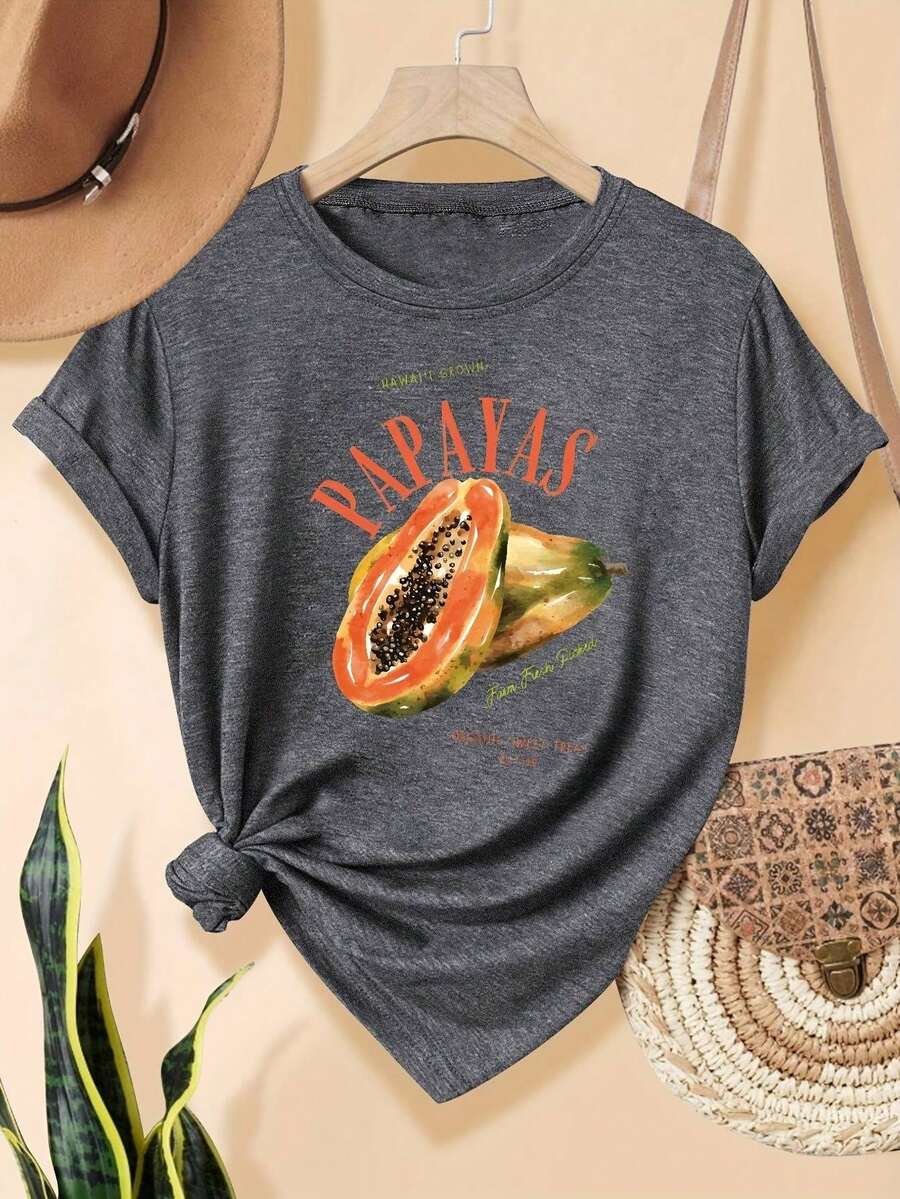 Camiseta Casual de Manga Corta para Mujer - Estampado Geométrico Papaya Azul Vibrante, Tejido Suave y Transpirable, Cuello Redondo Ajuste Relajado, Lavable a Máquina para Primavera Verano & Uso Todo el Año, Camisetas Lindas