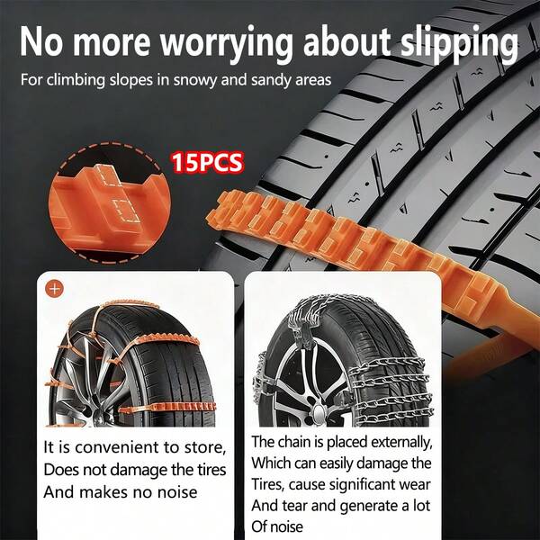 15 قطعة من اكسسوارات السيارة - سلاسل مانعة للانزلاق للإطارات، سلاسل مانعة للانزلاق لإطارات سيارات الدفع الرباعي/الطرق الوعرة، سلاسل ثلج مربوطة لمنع الانفجار والخروج من الانحشار، اكسسوارات السيارة