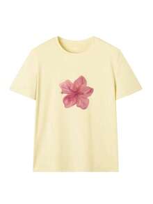 1pcs Plus Size Women's Loose, Drop-Shoulder Fit 100% Cotton T-Shirt, Printed With Watercolor Pink Hibiscus Flowers, Perfect For Tropical Vacations, Beach Dates, Summer Parties, Conveying A Romantic Tropical Vibe - Màu vàng - Xem 2