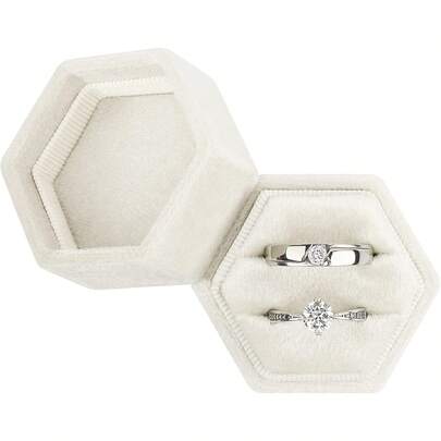 Velvet Ring Box Hexagon - Premium Gorgeous Vintage Double Ring Display Holder With Detachable Lid For Proposal, Engagement, Wedding, Ceremony (Gray)