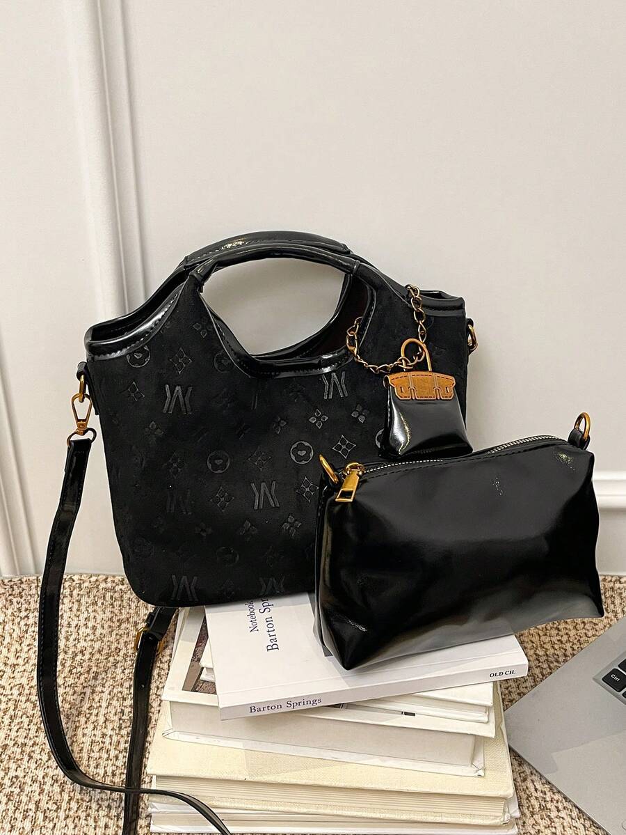2025 New Fashion Women's Shoulder Bag, Large Capacity Commuter Bag, Unique Design Crossbody Bag, Casual Versatile Handbag, Comfortable PU Material, Solid Color Design, Snap Closure, Adjustable Removable Strap, Spacious Volume, Bucket Bag - Black - View 1
