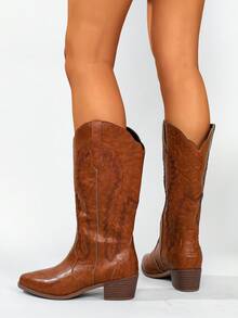 Brown Western Style Fashion Pointed Toe Butterfly Embroidery Chunky Heel Pull-On Mid-Calf Cowboy Boots For Women, Autumn/Winter - Brown - View 3