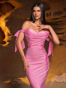 女士露肩蝴蝶结美人鱼晚礼服，采用弹力轻盈面料制成 - 春夏正式派对礼服 - 粉色 - 查看 5