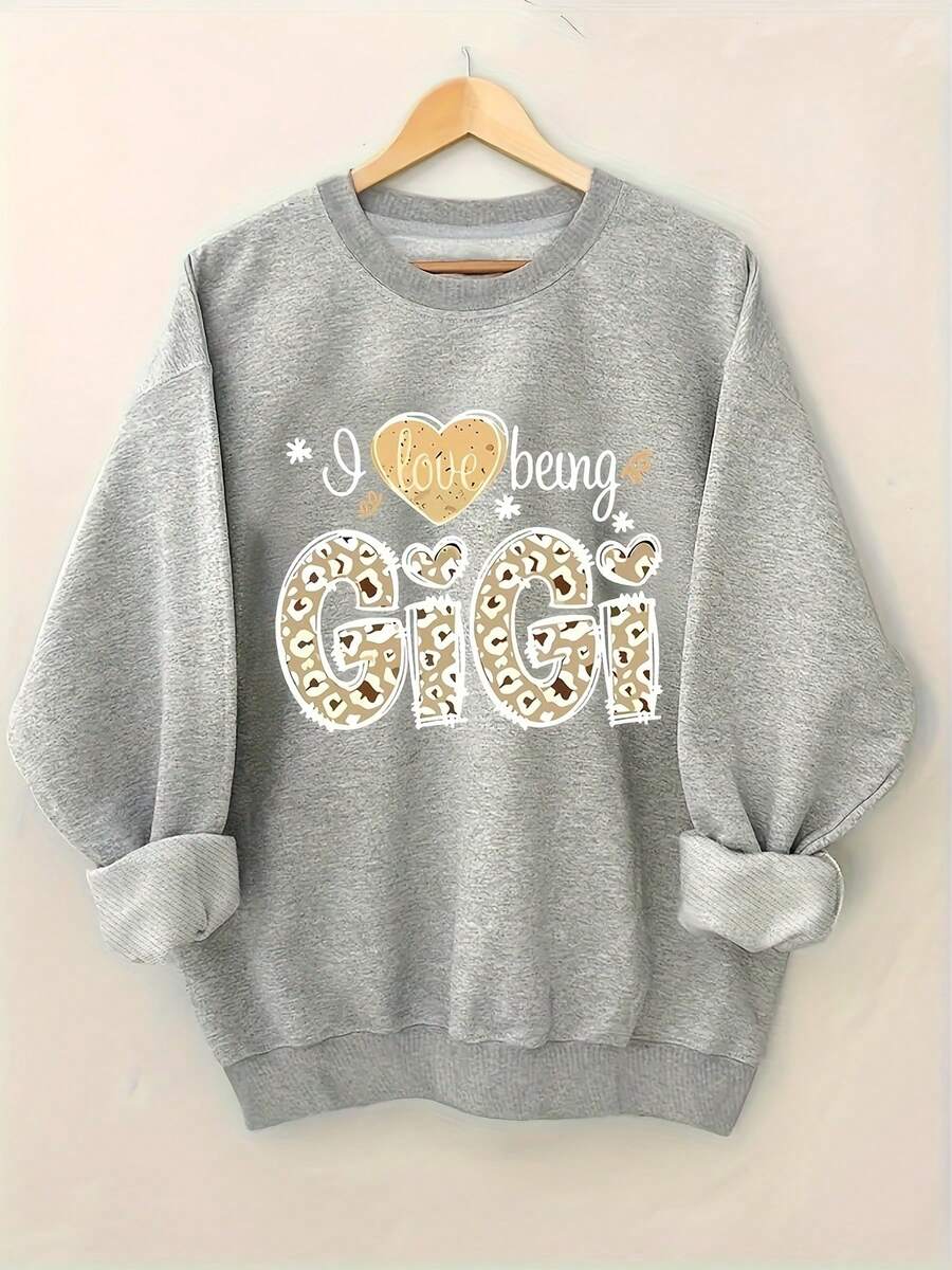 2025 New Women's Sweatshirt Leopard Print LOVE BEING GIGI Sweatshirt, Casual Long Sleeve Round Neck Sweatshirt For Autumn And Winter, Women's Clothing. Loose And Comfortable - 淺灰色 - 查看 1