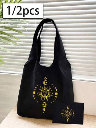 Geantă de umăr din pânză cu imprimeu de soare, lună și stele, geantă de mână neagră imprimată și geantă mică neagră, cadouri de Ziua Îndrăgostiților, genți de cadouri de nuntă personalizate pentru domnișoare de onoare, genți de cosmetice, genți simple de depozitare pentru călătorie, genți de cumpărături pentru supermarket, cadouri de ziua de naștere, cadouri de Ziua Recunoștinței, cadouri comemorative, cadouri de Crăciun pentru prieteni și familie.