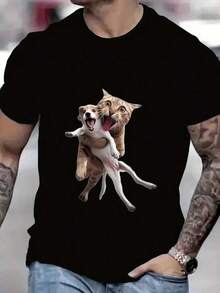 Men's High-Quality 180g Cotton Black T-Shirt - Funny Orange Cat Hugging Dog Interaction Graphic - Lightweight Casual Top - 黑色 - 查看 6