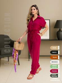 Women's Long Jumpsuit With Adjustable Belt And Pocket, 100% Viscose, Elegant And Sophisticated For All Occasions, Sizes P To GG - Màu Hoa hồng đỏ - Xem 1