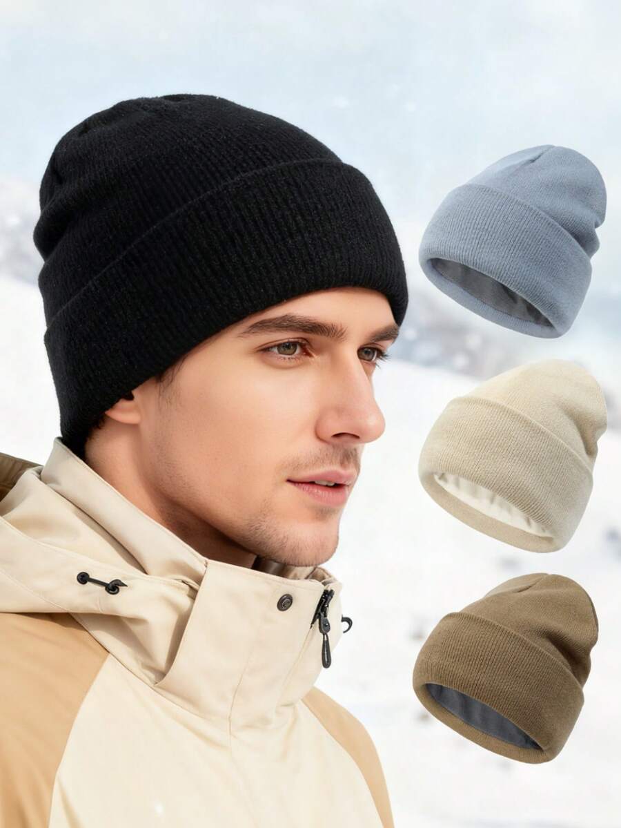 Men's Solid Color Warm Knit Beanie Hat, Multiple Colors Available, Suitable For Daily Outdoor Wear In Winter - Solid Color Knitted Hat - View 1