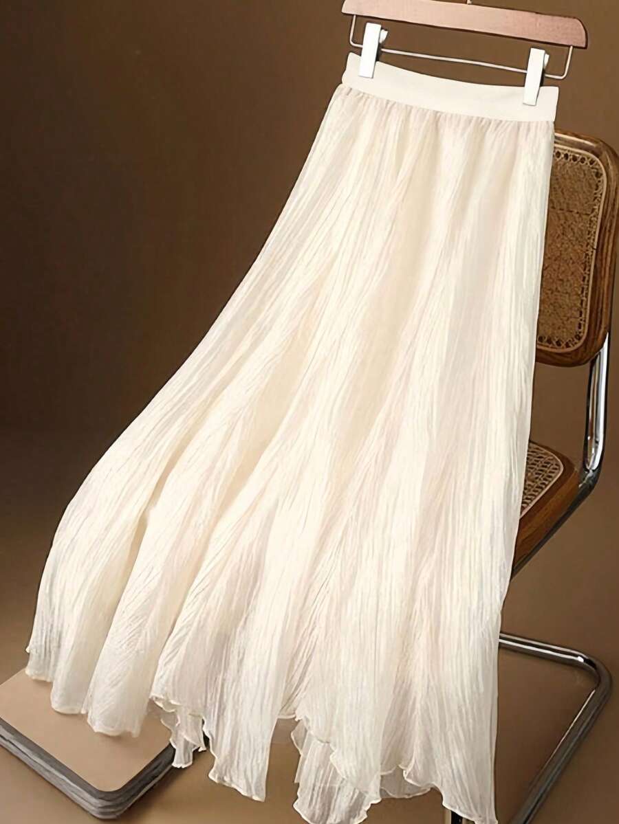 女士浪漫优雅仙女裙，新款时尚中长款不对称 A 字网纱裙，百搭春夏秋 - 杏色 - 查看 1