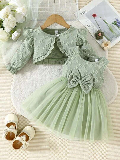 2pcs Baby Girls Casual Snowflake Pattern Cardigan Jacket And Bowknot Mesh Dress Set