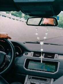 1pc Pink Rose Beaded Cross Ornament, Elegant Rearview Mirror Hanging Decor - Silver - View 7