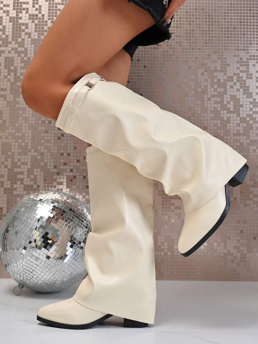 Women's Fashion Chunky Heel Knee-High Boots, Pointed Toe Buckle Straight Tube Leather Boots, Autumn/Winter New Versatile Design White Knee-High Slip On Long Boots - White - View 1