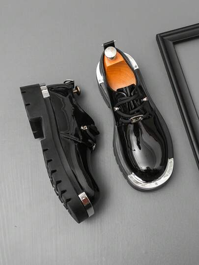 Oxford Shoes, Formal Business Dress Shoes With Metal Toe Decoration, Round Toe Wedding Shoes 2025 New Glossy Lace-Up Driving Formal Soft Leather Shoes, Plus Size 38-48, Shiny Patent Leather Party Dress Shoes, Thick Sole Moccasin Shoes, Office Fashion Comfortable Derby Shoes, Luxury Party Formal Office Work Shoes, High Quality Retro Handmade Brown Shoes