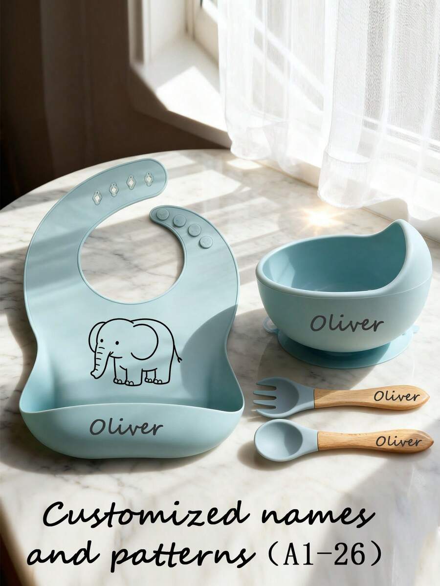 4pcs Silicone Feeding Utensil Set, Includes Silicone Bib, Bowl, 1 Pair Fork & Spoon, Customizable With Name & Pattern - Multicolor - View 1