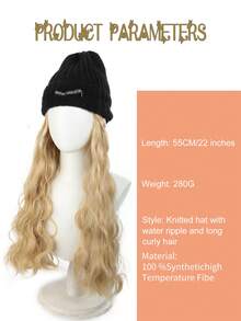 时尚百搭的女士长卷波浪耐热合成假发，蓬松针织帽假发套装，适合日常佩戴 - 彩色 - 查看 5