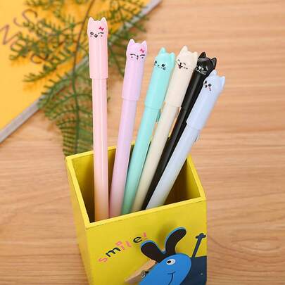 6pcs Erasable Gel Pens 0.5mm Refills, Cartoon Animal Cat Design, Washable Handles, School Supplies, Stationery For Girls, Office Accessories