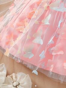 2pcs/Set Young Girls Cute Fashion Skirt Set, Round Neck Cap Sleeve, Butterfly Print Pattern, Butterfly Net Skirt, Girls Elegant Casual Outfit, Summer - Watermelon Pink - View 4