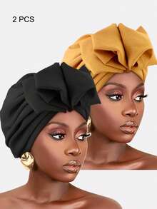 2pcs Women's Bow Elastic Pleated Solid Color Turban Hats, Suitable For Daily Use Sleep Bonnet - 2-piece Set - View 15
