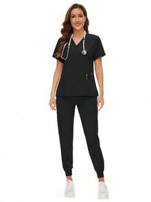 Surgical Uniforms Woman Scrub Set Nurse Beauty Salon Workwear Clinical Scrubs Top Pants Sets Spa Doctor Nursing Clinical Suit - 黑色 - 查看 3