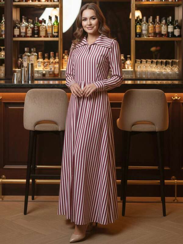 Women's Elegant Striped Dress With Side Slit, Zipper Pockets, And Lapel Collar, Long Sleeve, Suitable For Autumn, Halloween, Vacation And Daily Wear