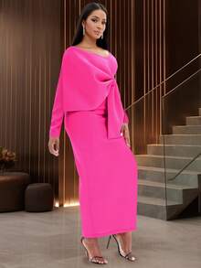 Women Long Party Dresses Bare Shoulder Big Bow Large Size Slim Bodycon Dresses Celebrity Birthday Dinner Occasion Gowns - 玫紅色 - 查看 4