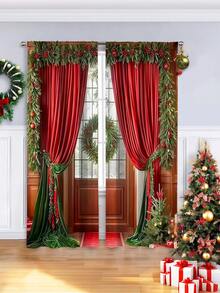 2 PIEZAS Cortinas con temática navideña de tela cepillada y estampado digital, con diseño en tonos rojos, estilo de bolsillo para barra, hechas de tela de poliéster semi-transparente - Ideal para salas de estar, cocinas, dormitorios, hoteles y restaurantes.