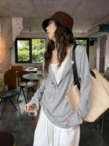 女士宽松休闲薄款分层设计套头衫 - 灰色 - 查看 1