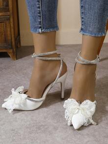 Elegant Women's Pointed Toe Solid Color Pumps, Fashion Rhinestone Bow Sexy Rhinestone Strap Shoes - White - View 6