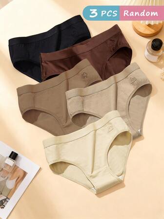 3pcs/Pack Random Maillard Color Women Cotton Panties, Simple Solid Color Hipster Briefs
