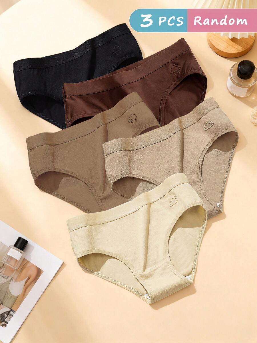 AOKVOGIRL 3pcs/Pack Random Maillard Color Women Cotton Panties, Simple Solid Color Hipster Briefs - Multicolor - View 1
