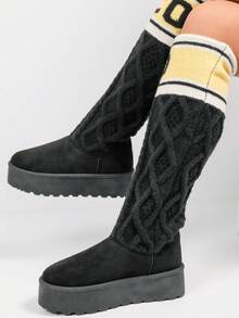 Cozy Knit High Boots With Platform Sole And Soft Suede Finish - Black - View 2