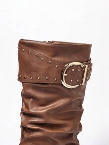 Fall/Winter Brown Pleated Side Zipper Strap Buckle Flat Round Toe Comfortable Casual Elegant Office Daily Commute Versatile Music Festival Street Fashion Mid-Calf Boots For Women - Brown - View 5