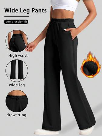 YZMJAFU Ladies' Autumn And Winter Outdoor Sports Loose And Fashionable Velvet Straight Leg Pants With High Waisted Elastic Waistband And Drawstring With Pockets, Suitable For Outdoor Fitness And Warm Waist Lifting Pants, Suitable For Exercise And Running