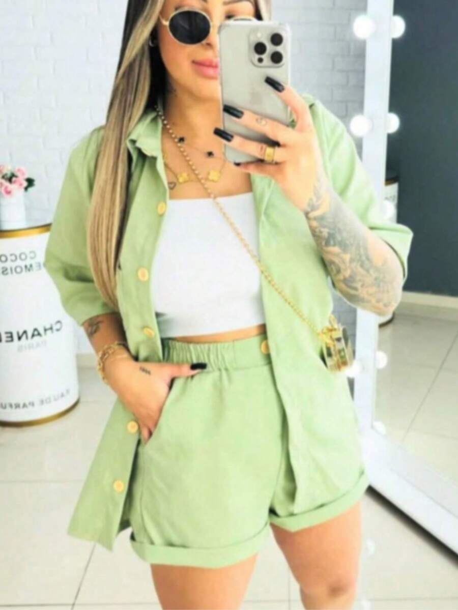 Linen Shorts And 3/5 Sleeve Shirt Set - bebé verde - Ver 1
