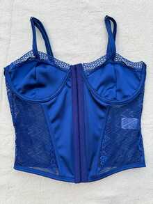 Cropped Corset With Front Opening And Closure, Simple Lace Corset For Evening Wear. - 寶藍色 - 查看 1