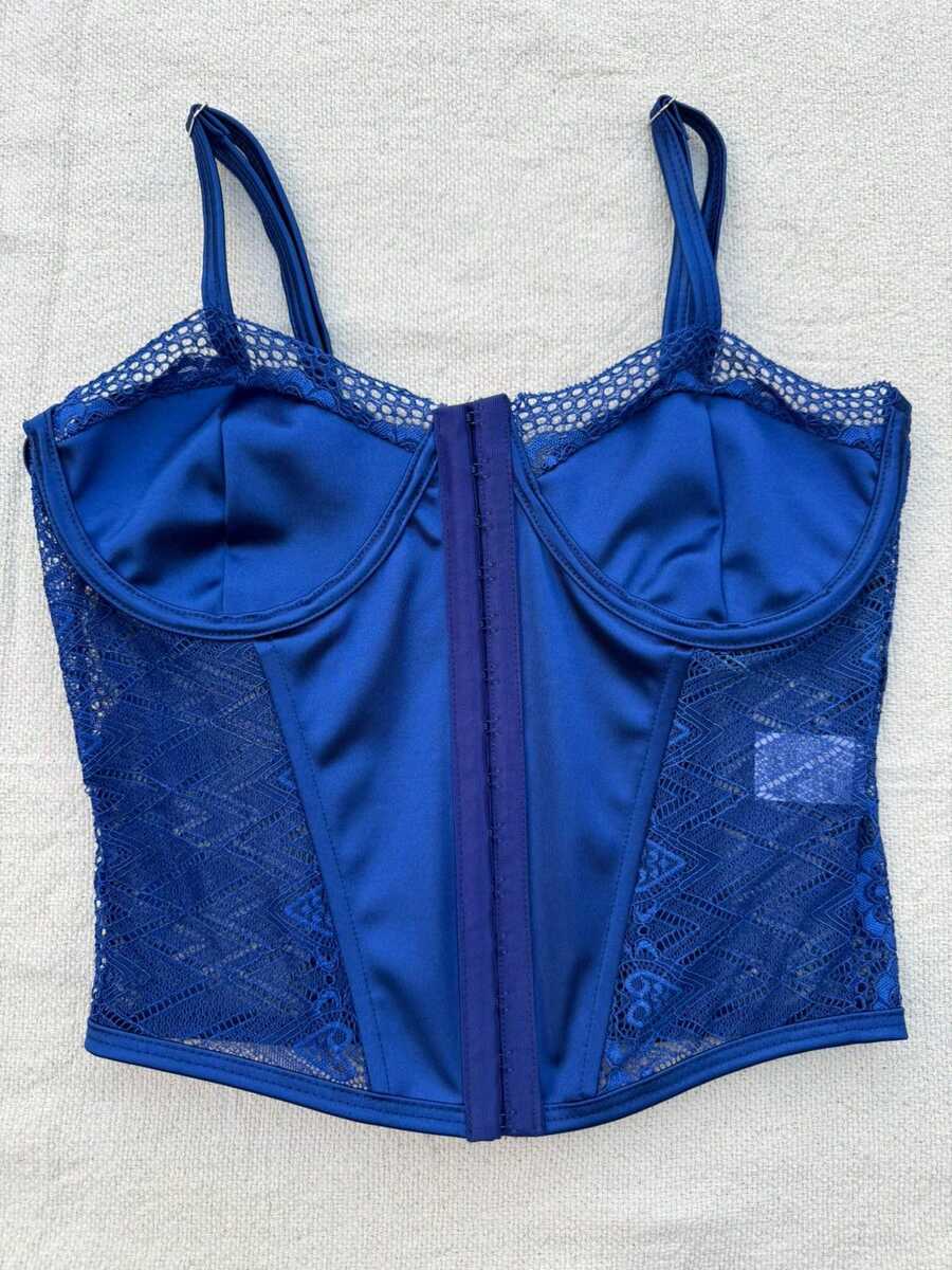 Cropped Corset With Front Opening And Closure, Simple Lace Corset For Evening Wear. - 寶藍色 - 查看 1