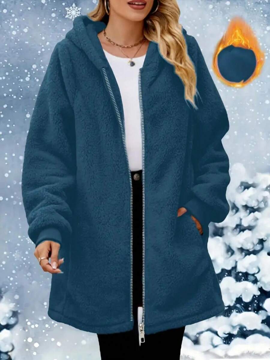 Jaqueta casual elegante e moderna com capuz, em fleece dupla face e modelagem solta. - Azul marinho - Ver 1