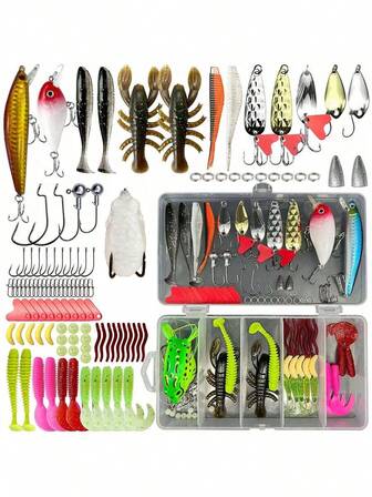 Fishing Lure Kit With Soft Lure Frog Metal Spoons Hard Minnow Crankbait And Fishing Accessories With Tackle Box
