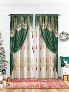 2pcs Fresh European Green And White Patterns Through The Rod Machine Washable And Hand Washable Polyester Fiber Material Curtains Suitable For Festival Decor Home Decor Bedroom Decor Kitchen Docor