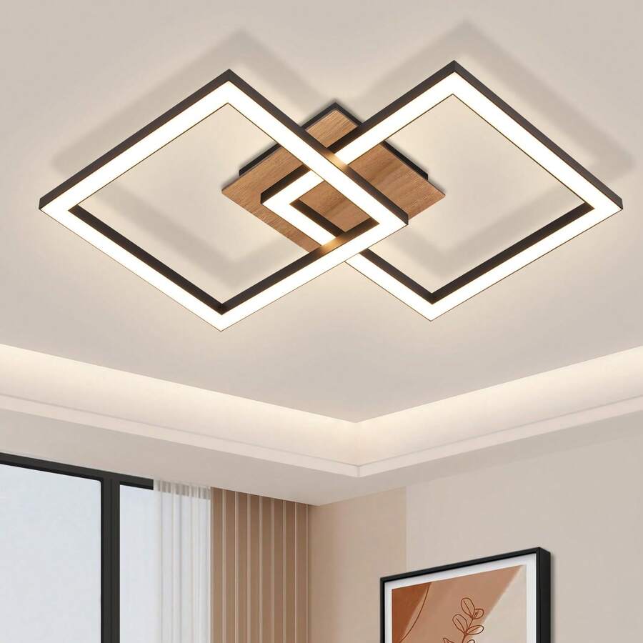 homefire 1/2ER LED Ceiling Light, Modern Ceiling Lamp For Bedroom Or Living Room, 2 Lights, 24W, Wooden Ceiling Lamp, Wood Color, 3000K Warm White, Square Kitchen Lamp, Ceiling Lighting For Bedroom, Hallway, Dining Room, Office, Ramadan - 2 hình vuông ngọn lửa - Xem 1
