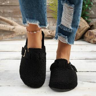 1 双女士时尚百搭一脚蹬拖鞋，室内/室外休闲保暖家居鞋