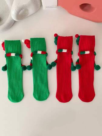 1 Pair Christmas Red Socks, Funny & Cute Couple Socks, Cartoon Mid-Calf Socks As Christmas Gifts. Main Colors Are Classic Christmas Red And Green, Decorated With Santa Hats, Candy Stripes, Big Eyes, And Pom-Poms, Creating A Lively And Adorable Style That Perfectly Matches The Christmas Holiday Atmosphere.