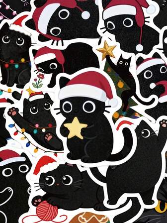 50pcs Black Cat Christmas Stickers For Notebooks, Diaries And Phone Cases Christmas Gift