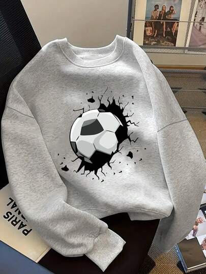 Tween Boy Football Print Warm Cozy Crew Neck Sweatshirt, 1 Piece Autumn/Winter Top For Young Students