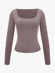 XLLAIS Áo nữ tay dài màu trơn, kiểu dáng thường ngày, cổ tròn gợi cảm, thích hợp cho mùa xuân/thu/đông. - Cà phê nâu - Xem 5