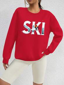 Sudadera Gráfica de Esquí para Mujer - Jersey de Invierno sin Elasticidad con Texto SKI, Ropa Roja para Clima Frío para Esquiar, Snowboard, Outfits Casuales - Suéter Cómodo de Cuello Redondo para Atletas y Amantes del Deporte Femenino, Equipo de Esquí, Ropa de Snowboard, Top con Patrón Geométrico, Tejido Duradero, Ropa de Esquí, Diseño, Material Cálido, Esquiadoras, Gruesa - Oscuro - Ver 8