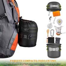Juego de 16 Utensilios de Cocina para Acampar, Juego de Ollas y Sartenes para Acampar, con Olla, Kit de Cuchara Tenedor, Estufa de Camping, Mosquetón, Bolsa, Esponja de Lufa, para 2 Personas. - Verde - Ver 4