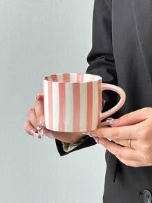 1 Set Pink Striped Coffee Cup & Saucer, Minimalist European Style Ceramic Cup & Saucer Set, Household Breakfast Milk Cup, Water Cup, Juice Cup, Afternoon Tea Cup, Gift Cup - Multicolor - View 11