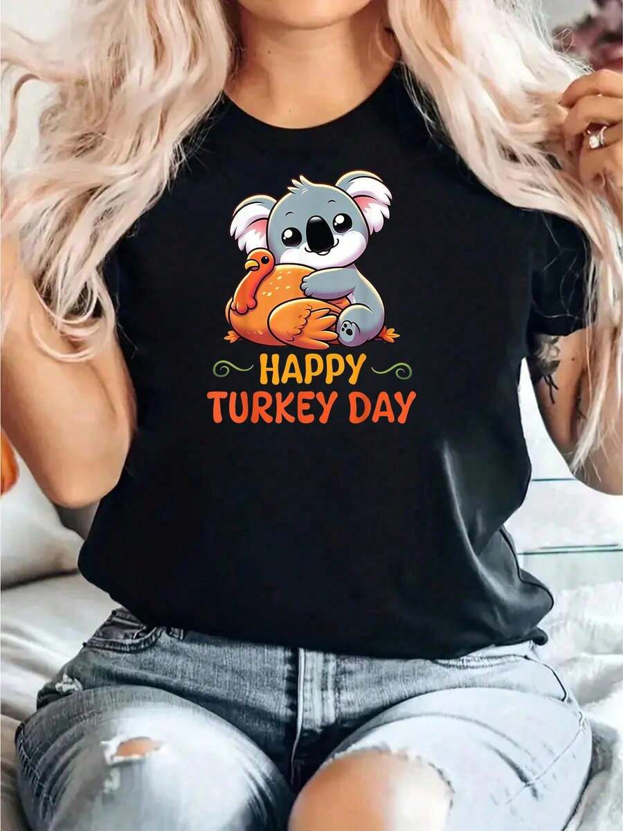 KOALA Abrazando al Pavo Feliz Día de Acción de Gracias Camiseta para Amantes - Negro - Ver 1